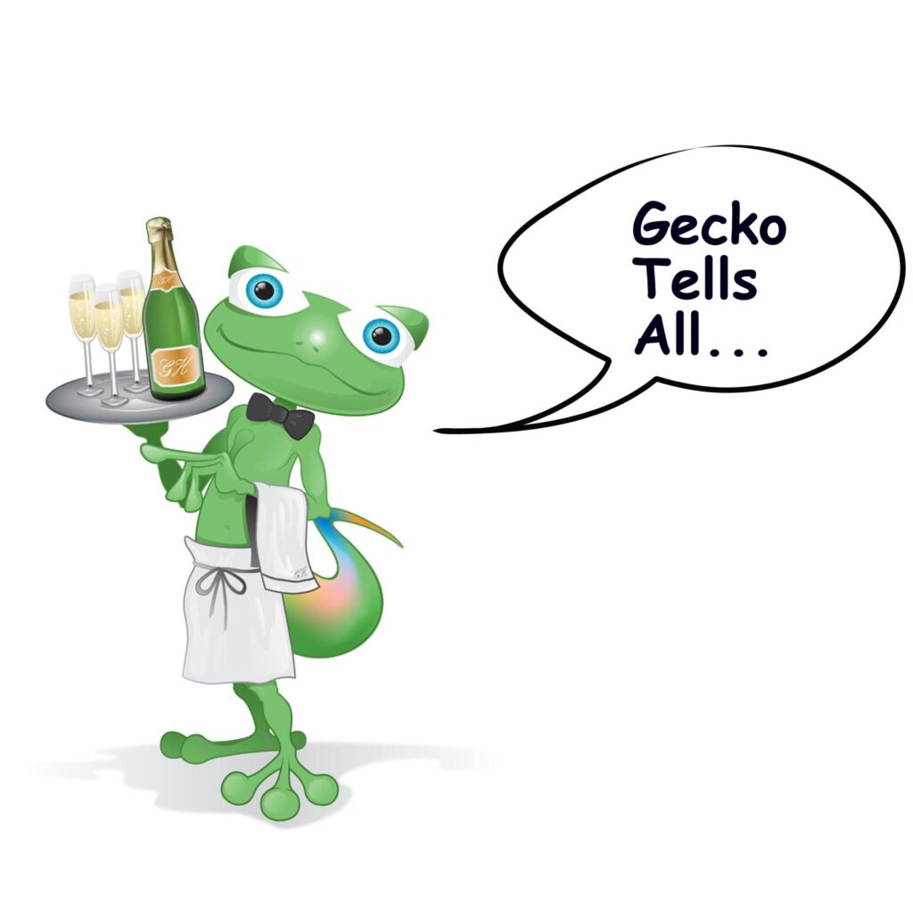 Gecko waiter with champaigne and talking bubble for podcast series